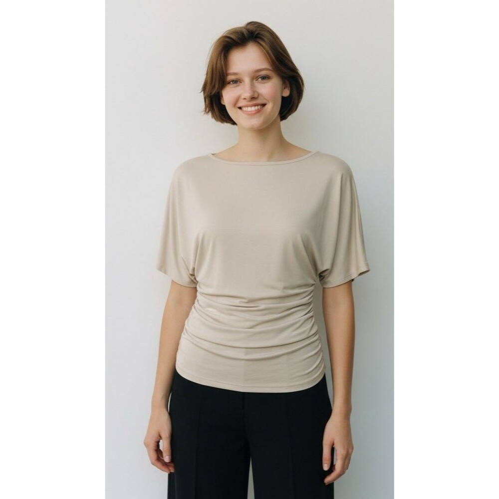 OGL NWT ruched waist round neck lightweight quality beige blouse Large luxury